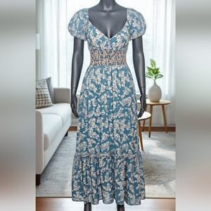 NWOT Free People "Ellie" Green/Blue Floral Midi Dress, Size XS
